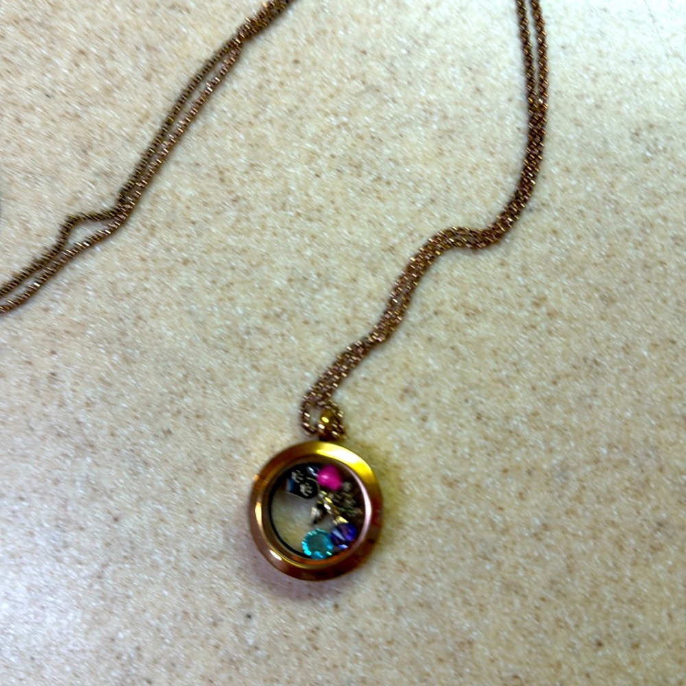 Origami Owl keepsake charm locket with charms rose gold 24” chain